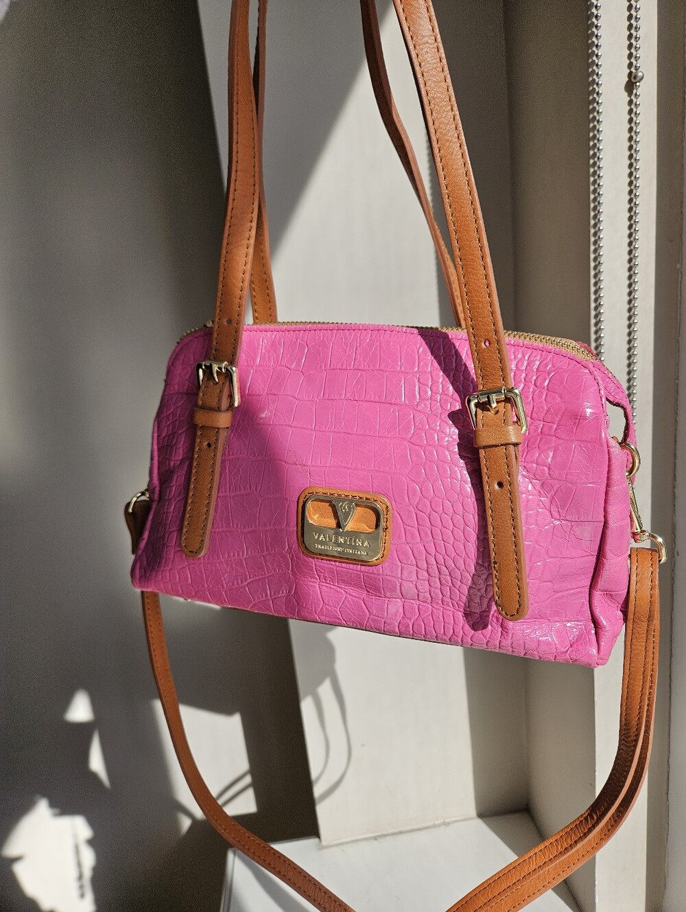 Valentina Italia Pink and Brown Genuine Leather Handbag Purse